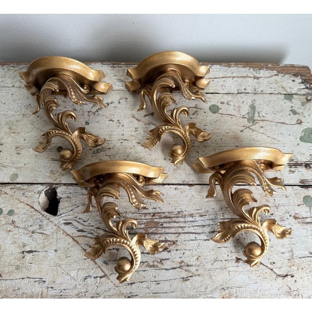 Vintage Gold Acanthus Leaf Wall Corbels Sconce Shelves Set of 4